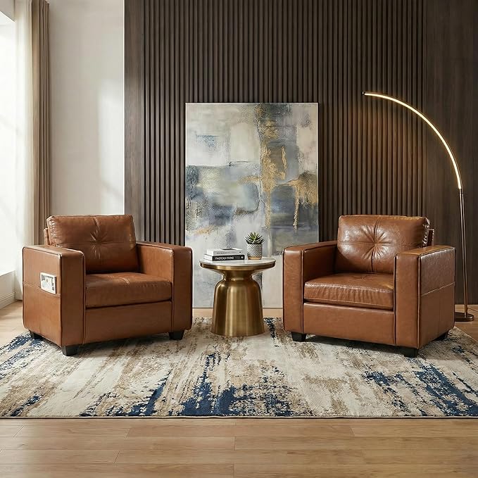 TYBOATLE Brown Faux Leather Accent Chairs Set of 2 Comfy Living Room Chair Reading Oversized Accent Chairs Tufted Mid Century Modern Arm Chair Wider Armchair for Office Bedroom Lobby