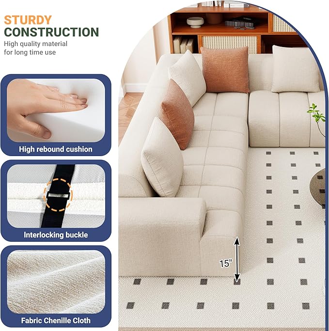 109'' L Shaped Modular Sectional Sofa Chenille Couch for Living Room Bedroom with 6 Cushions Convertible Beige