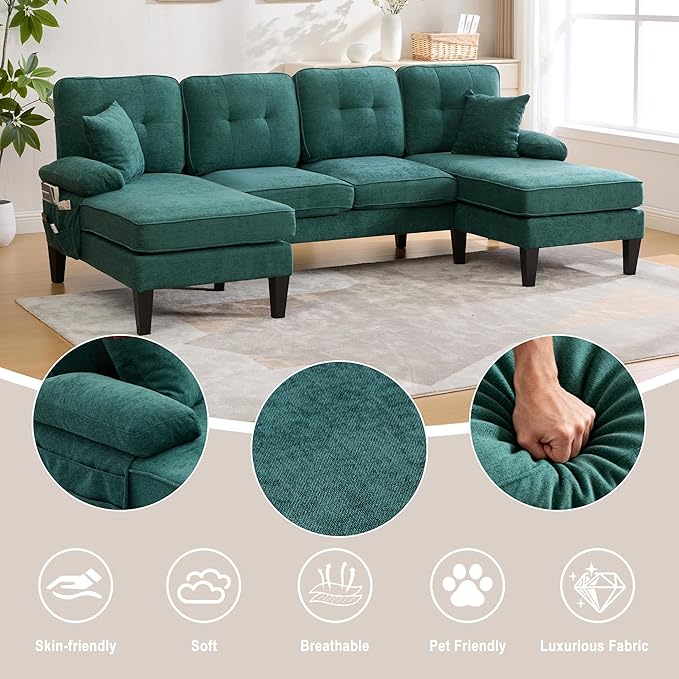 100'' U-Shaped Sectional Sofa with Double Chaise Minimalist 4-Seater Couch with 2 Pillows Sofa Set with Arm &amp 2 Side Pocket for Living Room Apartment (Green)