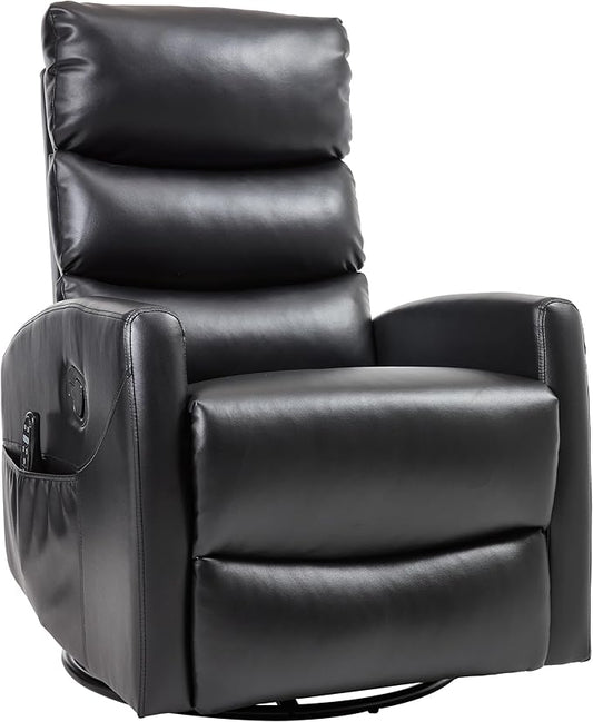 PELUMY 360° Swivel Rocker Recliner with Heat &amp Vibration Massage Glider Rocking Chair for Adults Compact Recliner for Living Room Small Spaces Nursery Bedroom (Breathable Leather Black)