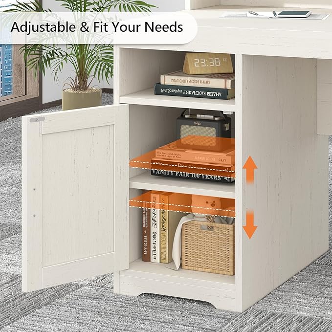 TVU Farmhouse Computer Desk with Drawers 65'' Home Office Desk with Power Outlets Storage Cabinet and Printer Stand Study Writing Desks with Long Monitor Stand White