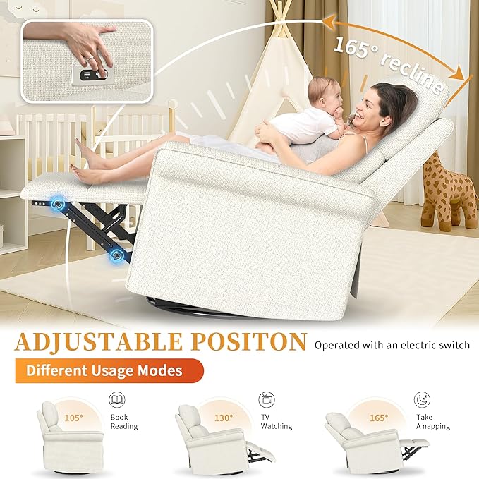 Power Swivel Rocker Recliner Chair for Nursery Upholstered Snowflake Velvet 270°Swivel Glider Rocker Chair with USB Ports Small Power Recliners for Small Spaces Living Room