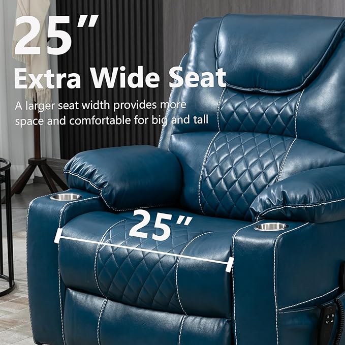 Oversized Power Lift Recliner Chair for Big and Tall Elderly 25 Extra Wide Electric Recliner Chair Living Room Sofa with Massage Heating Dual Motor Leather Home Theater Seat Blue