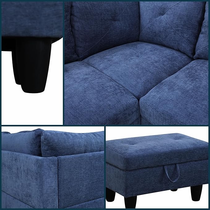 L Shaped Couches for Living Room Sectional Couch Living Room Furniture with Storage Ottoman Modular Sectional Sofa with Movable Chaise for Apartment Office Blue