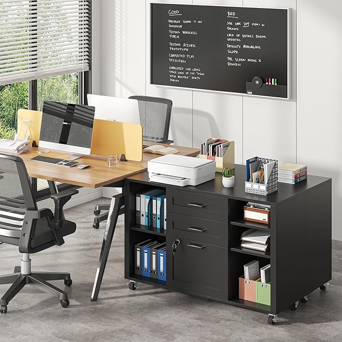 3 Drawer Wood Mobile Large lateral File Cabinet with Lock Lockable Rolling Filing Cabinet with Open Storage Shelves Printer Stand Office Storage for Home Office Fits Files Legal/A4 Black