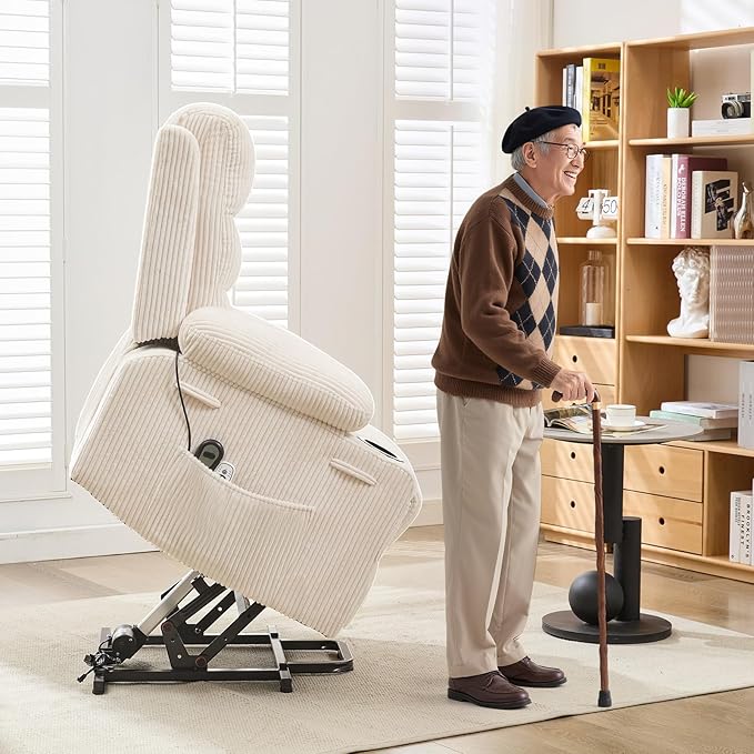 GarveeHome Power Lift Recliner Chair for Elderly Oversized Electric Lift Chair with Heat and Massage Corduroy Adjustable Recliner with Cup Holders &amp Side Pocket for Living Room Beige