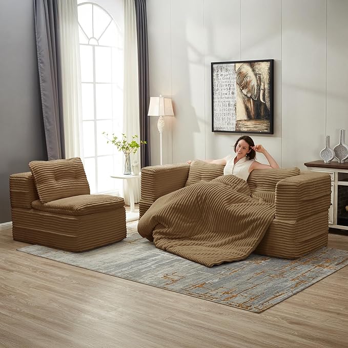 80 W Convertible Folding Sofa Bed Corduroy Futon Loveseat Sleeper Couch Bed with Blanket Full Size Compression Foam Floor Couch Boneless Foldable Mattress for Living Room Bedroom Camel