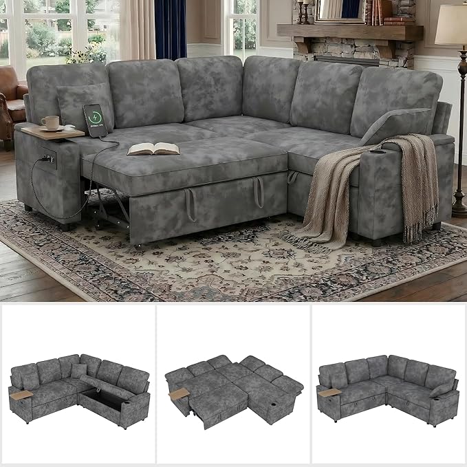 81 Modular Sectional Sofa L Shaped 5-Seater Sleeper Sofa with Pull Out Bed Hidden Storage Cup Holders &amp USB Charging Ports Sectional Couches for Living Room Chenille Grey