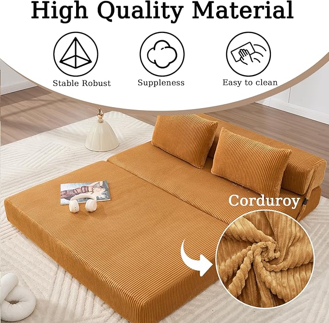 55 Convertible Folding Sofa Bed with 2 Pillows Corduroy Foldable Sleeper Sofa for Adult Floor Couch Bed for Living Room Bedroom No Assembly(Yellow)