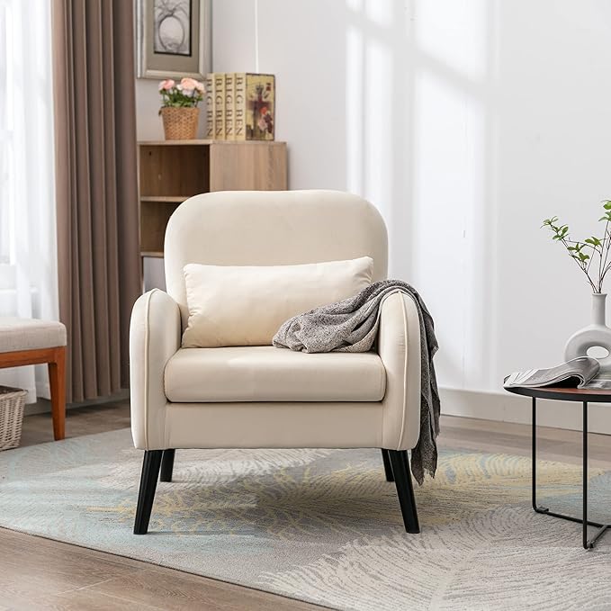 Mid Century Modern Accent ChairSingle Sofa Chair with Solid Wood Legs Comfy Fabric Upholstered Reading Armchair with A Soft Cushionfor Living Room BedroomApartmentOffice (Cream)