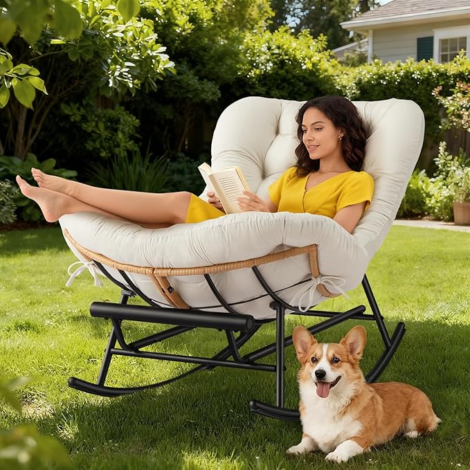 IDEALHOSUE Papasan Rocking Chair with Foot Rest Ergonomic Papasan Chair with Thick Soft Cushion Metal Frame &amp PE Rattan Lounge Chairs for Living Room Bedroom Relaxation Space