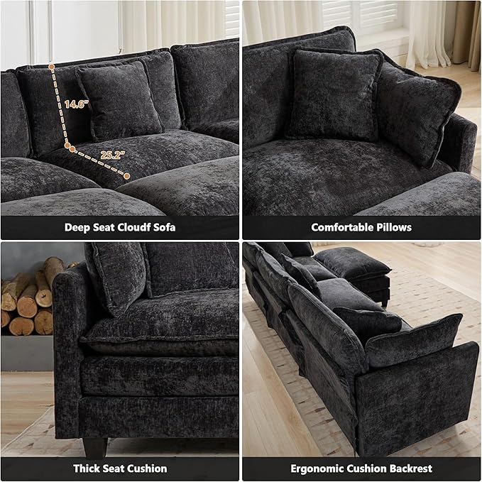Setawix Modern Modular Sectional Sofa Chair with Movable Ottoman 42 Upholstered Chenille Comfy Fluffy Cloud Deep Seat Couch Oversized Single Armchair with Throw Pillow for Living Room Black