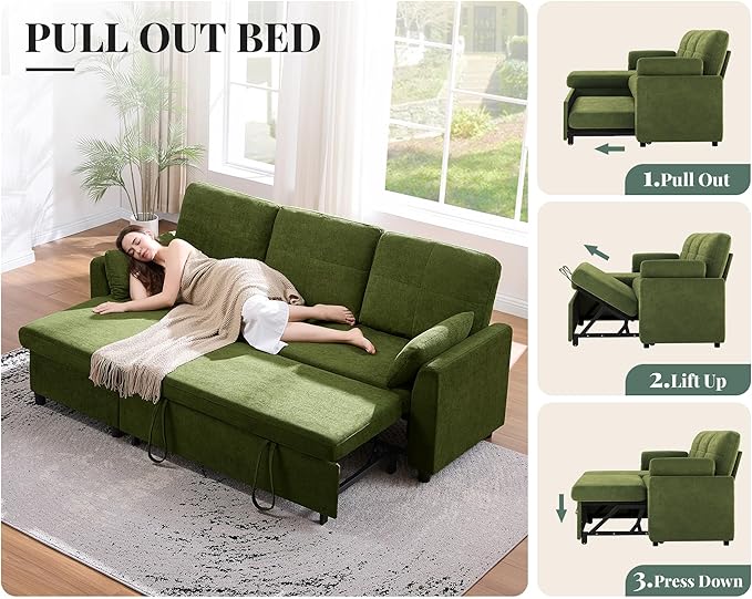 Jocisland Sofa Bed Sleeper Sofa with Storage Chaise Convertible Couch Bed with Pull Out l Shaped Couch for Living Room Linen Geen