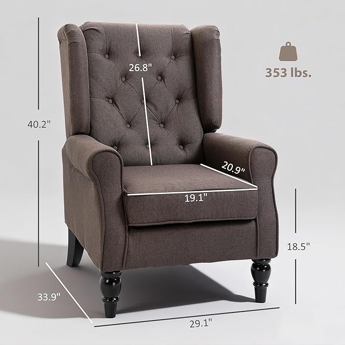 HOMCOM Mid-Century Modern Accent Chair High Wingback Chair Button-Tufted Upholstered Fabric Armchair with Retro Wood Legs for Living Room Bedroom Dark Brown