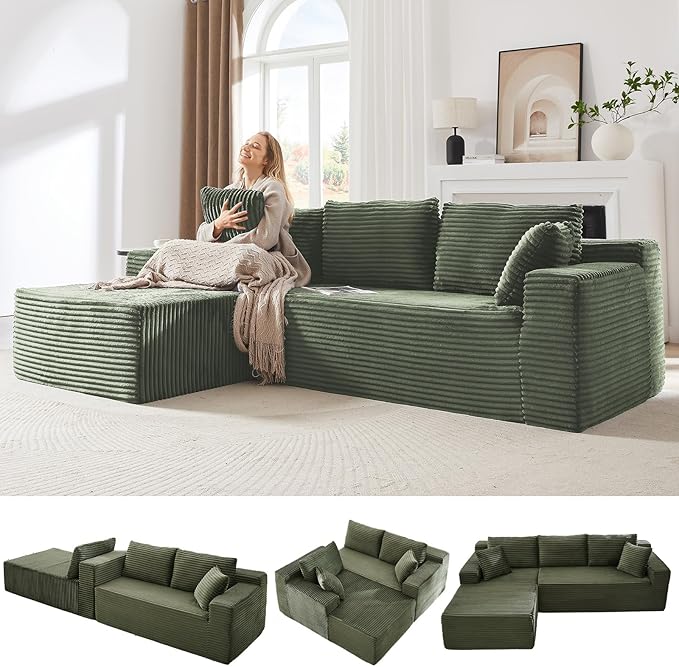 103 L-Shape Cloud Couch with Chaise Upholstered Corduroy Modular Sectional Sofa Deep Seat Couch with Free Combination for Living Room &amp ApartmentNo Assembly Required(GreenLeft Facing Chaise)