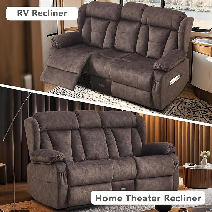 Loveseat Recliner Sofa Velvet Loveseat Reclining with Console for Living Room RV Recliner Couch with Cup Holder/AC/USB C/USB and Drawer Manual Reclining Love seat Couch (Brown)