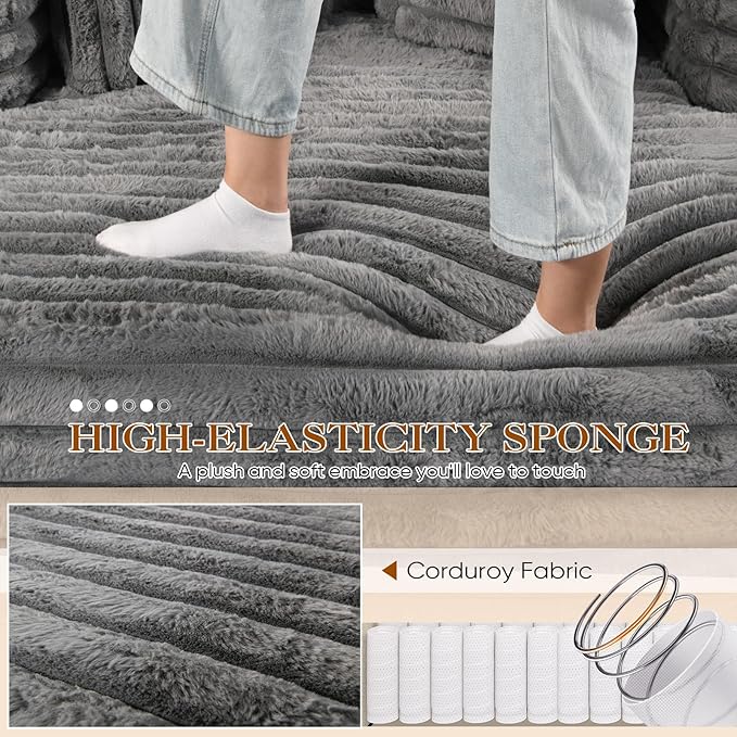 Chaise Lounge Chair Indoor Comfy Corduroy Plush Fluffy Foam Floor Compressed Sofa Chair Leisure Reading Single Sleeper Chaise Chair for Living Room Bedroom Office Pillows Included (Grey)