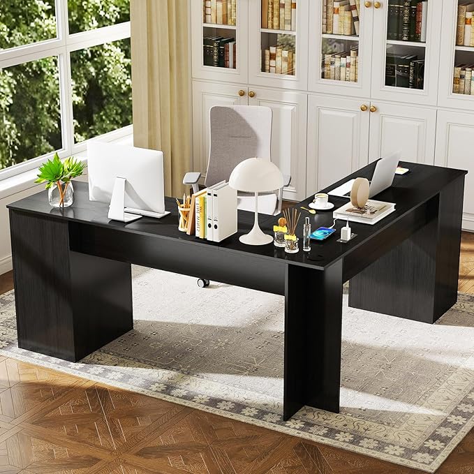 Tangkula 66” x 66” L-Shaped Office Desk with Power Outlets Modern Home Office Computer Desk with 2 Drawers Cabinet Adjustable Shelf &amp Keyboard Tray Corner Executive Desk for Working Writing
