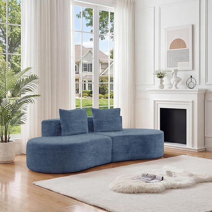 94.5'' Curved Sofa Chenille Fabric &amp Memory Foam Deep Seat Cloud Couch with 2 Pillows Modern 4-Seater Sectional Sofa No Assembly Needed - Boneless Couches for Living Room Apartment (Blue)