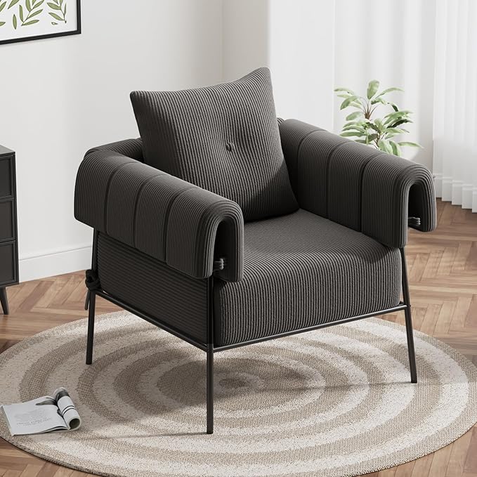 Furniliving Comfy Accent Chairs Modern Chairs for Bedroom with Pillow Lounge Chair Reading Chair with Metal Frame Upholstered Accent Chairs for Living Room Side Chair Soft Cushion Corduroy Grey