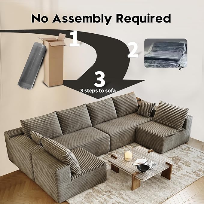 139.4 Modular Sectional Sofa U-Shaped Minimalist Couches with 2 Middle Seats Modern Deep Seat Convertible Sleeper Sofa BedCloud Plush Corduroy Fabric No Assembly Required 6 Seater Camel