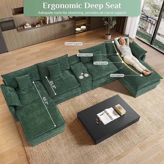 145 Oversized Modular Sectional Sofa U Shaped Cloud Couch Modern 6 Seat Sofa Set for Living Room Comfy Chenille Deep Seat with Storage Central Console Movable Ottomans Cup Holders USB Ports Green