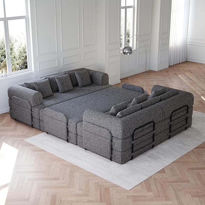 Convertible Floor Sofa Bed 79 Compression Sofa Foldable Sleeper Couch Bed Modular Sectional Comfy Loveseat 4-Seater No Assembly Required for Living Room Guest Room Chenille Fabric Grey