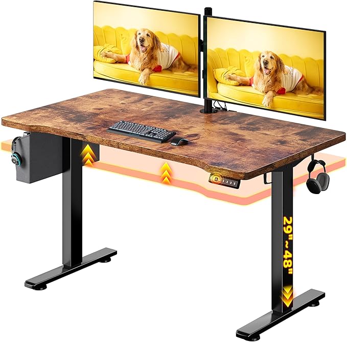 EnHomee Gaming Desk with LED LightsComputer Desk Adjustable Electric Standing Height Office Desk with 3 Memory PresetStorage Side Pocket and Cable ManagementRustic Brown48 x 24 Inch