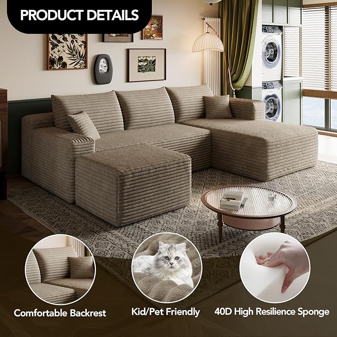 96 U-Shape Boneless Modular Sectional Cloud Couch with Chaise and Ottoman‌-Modern Comfy Corduroy couches for Living Room-Memory Foam SofaNo Assembly Required(Camel 96 Right Facing Chaise+Ottoman)