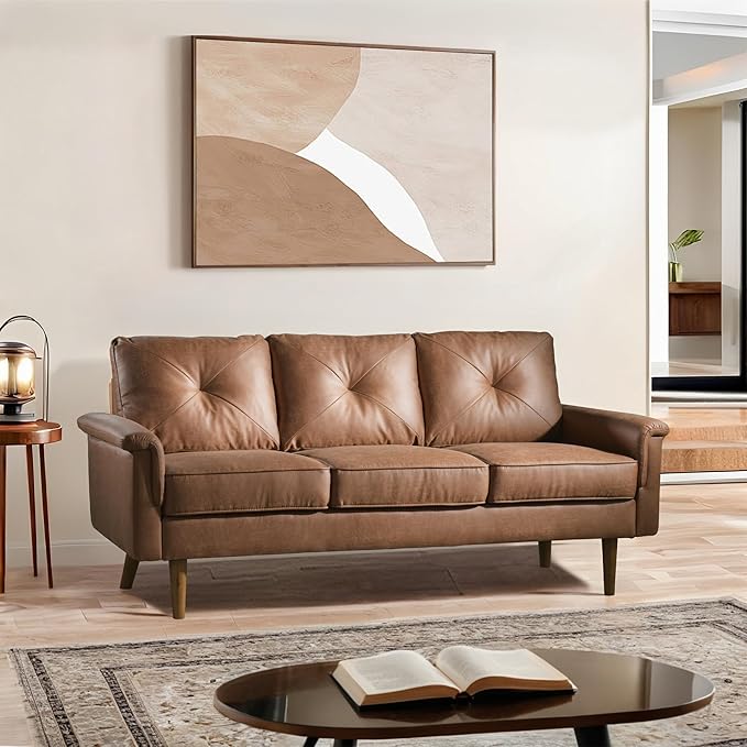71.6 Sofa Couches for Living Room with Deep Seat 3 Seats Modern Couch for Bedroom Comfy Mid Century Modern Loveseat Sofa Couch Brown