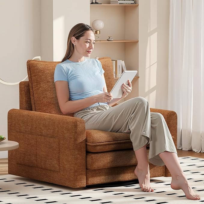 Cozy Swivel Accent Chair Modern Oversized Single Sofa with Armrest Comfy Upholstered Armchair Sofa Large Chenille Accent Chair for Living Room Bedroom Reading Room Brown