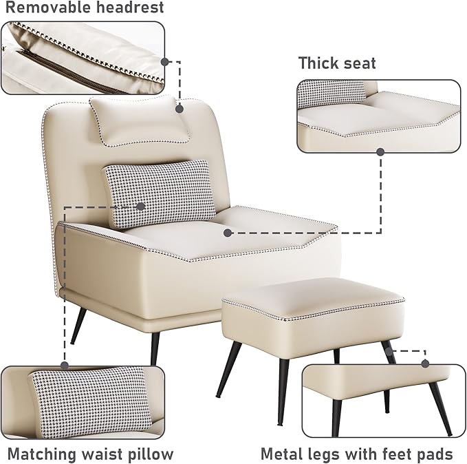 Yongqiang Faux Leather Accent Chair with Ottoman Modern Upholstered Large Sofa Chair for Living Room Bedroom Lounge Chair Armless Accent Chair and Ottoman Set Beige