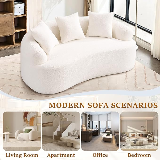 65'' Modern Curved Cloud Loveseat Sectional Sofa for Small Spaces Luxury Plush Chenille Deep Seat Couch with 3 Pillows No Assembly Needed Apartment Living Room Furniture Beige