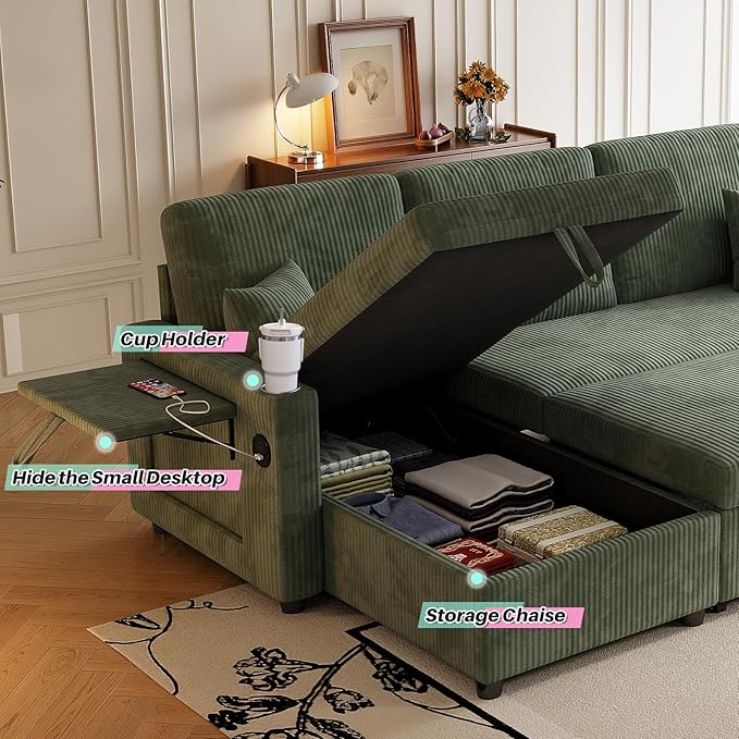 Sleeper Sectional Sofa 83 Convertible Sofa Bed with Pull Out Couches Small Desktop L Shaped Couch with Reversible Chaise Cup Holders USB Modern Corduroy Sofas for Living Room Apartment Green