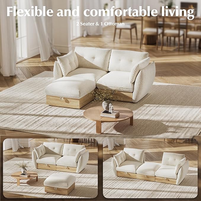 70 L Shaped Sofa Modular Sectional Cloud Couch with Storage Cotton and Linen Fabrics Modern Oversized Deep Seat Sofa with Armrest Pillow Easy Assembly for Living Room Apartment Ivory
