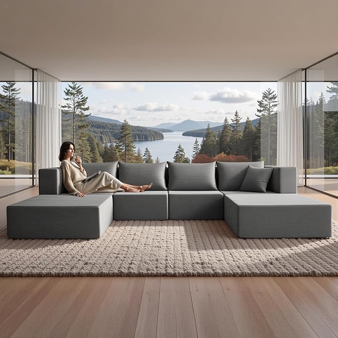 YINIX 140 Modular Sectional Sofa Couches Corduroy Sleeper Deep Seat Sofa Bed Comfy Cloud Couch for Living Room Floor Sofa 6 Piece Free Combination Compression Sofa No Assembly Required Grey