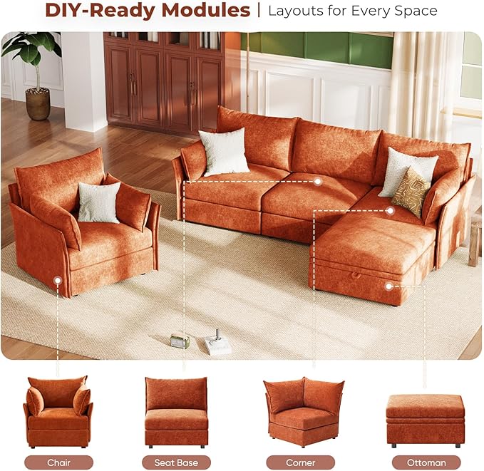 ABCASA 102.6 Modular Sectional Sofa Oversized L Shaped Couch with Storage Ottoman 24.5 Deep Seat 3-Seater Pet-friendly Removable Backrest Cover Terracotta Chenille Sectional Couches for Living Room