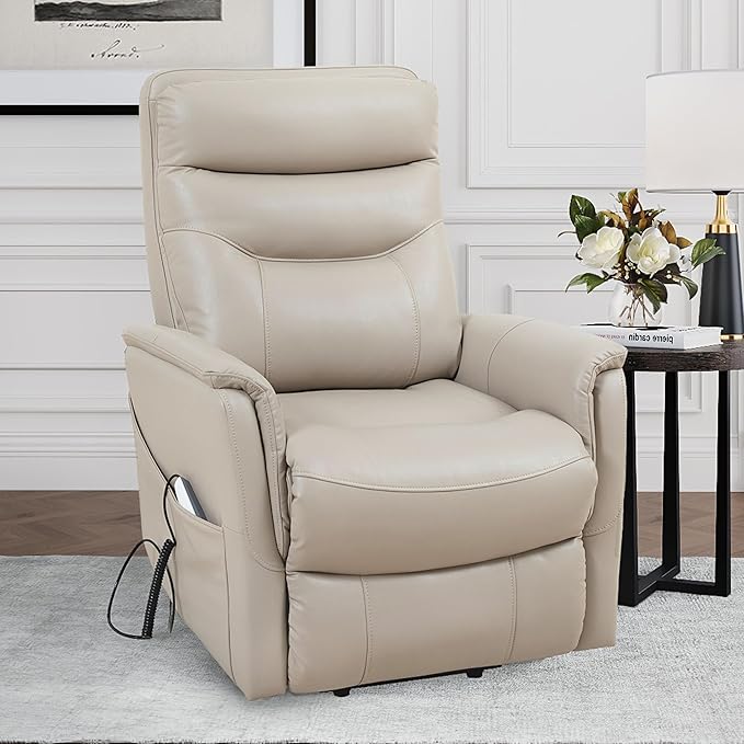 Parker Living Gemini - Softy Ivory Power Lift Recliner Chair with Articulating Headrest 90% Polyester 10% PU Upholstery Electric Recliner for Living Room Bedroom