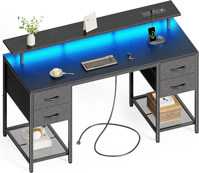 Huuger 55 inch Computer Desk with 4 Drawers Gaming Desk with LED Lights &amp Power Outlets Home Office Desk with Large Storage Space for Bedroom Work from Home Black