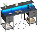 Huuger 55 inch Computer Desk with 4 Drawers Gaming Desk with LED Lights &amp Power Outlets Home Office Desk with Large Storage Space for Bedroom Work from Home Black