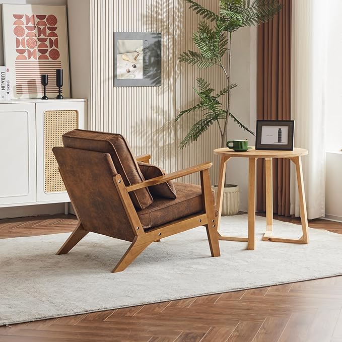 Karl home Accent Chair Wide Armrest Mid-Century Lounge Chair Bronzing Cloth Armchair with Lumbar Pillow &amp Solid Wood Frame for Living Room Bedroom Balcony Brown