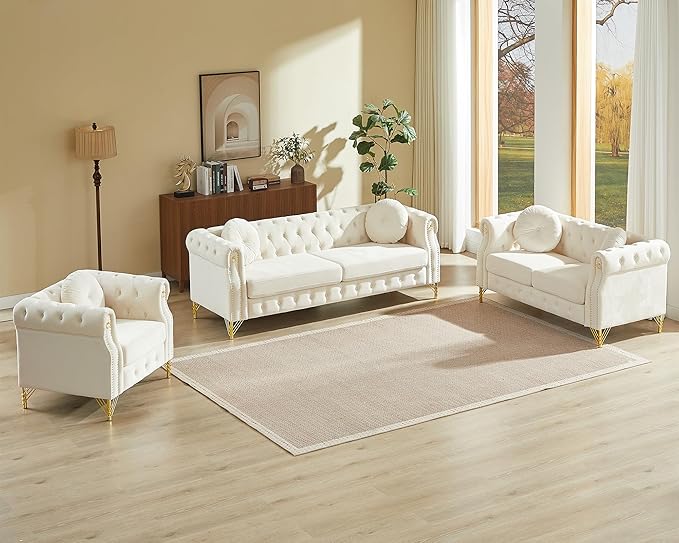 Antetek Set of 3 Chesterfield Sofas Oversized Mid Century Modern Sofa Couch with Button Tufting &amp Rolled Arms Comfy Upholstered Velvet Deep Seat Couch Set for Living Room Office Beige(3 Pieces)