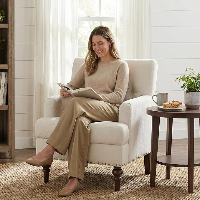 Upholstered Accent Chair with Thick Cushion High Back Reading Chair Linen Blend Armchair with Solid Rubberwood Legs for Living Room Bedroom Reading Apartment &amp Small SpacesBeigeSet of 2