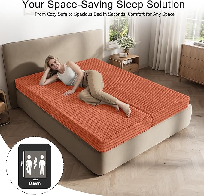 MeMoreCool Convertible Sofa Bed Folding Floor Couch Bed Queen Pull Out Sleeper Couch with Pillows Fold Out Futon Sofa for Bedroom Living Room Small Space Corduroy Orange