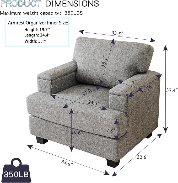 Oversized Living Room Chairs Set of 2Comfy Accent Chair with Armrest OrganizerUpholstered Linen Fabric Armchair Thick CushionBig Reading ChairSofa Chair for BedroomDark Gray