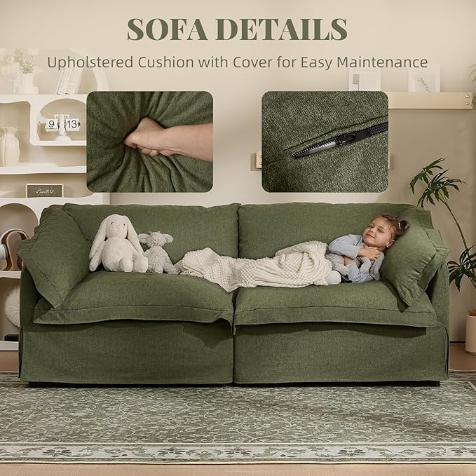 81'' Retro Sofa Couch with Storage 2-Seater Cozy Sofa for Living Room French Country Couch with Removable Washable Cover Green