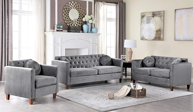 Persaud Living Room Chair with Classic Chesterfield Velvet Upholstery Ideal for Home Apartment and Office Chair Fossil Grey