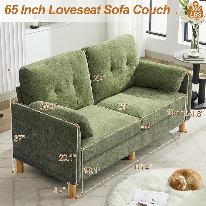 65 Chenille Modern Loveseat Sofa Upholstered 2-Seater Love Seat Couch with Armrest Pillows Storage Pockets Easy Assembly Tufted Loveseat Couches for Living Room Bedroom Green