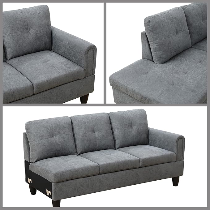 L Shaped Couch Sectional Couches with Chaise Fluffy Fabric 3 Pieces Modular Convertible Sofa for Living Room Furniture Sets and Small Apartment Dark Gre