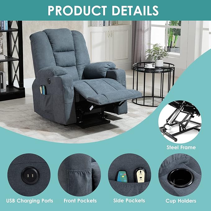 MEETWARM Power Lift Chair Electric Recliner for Elderly Heated Vibration Massage Soft Fabric Recliner Chair with 2 Remote Controls USB Ports Cup Holders &amp Side Pockets for Living Room (Gray-Blue